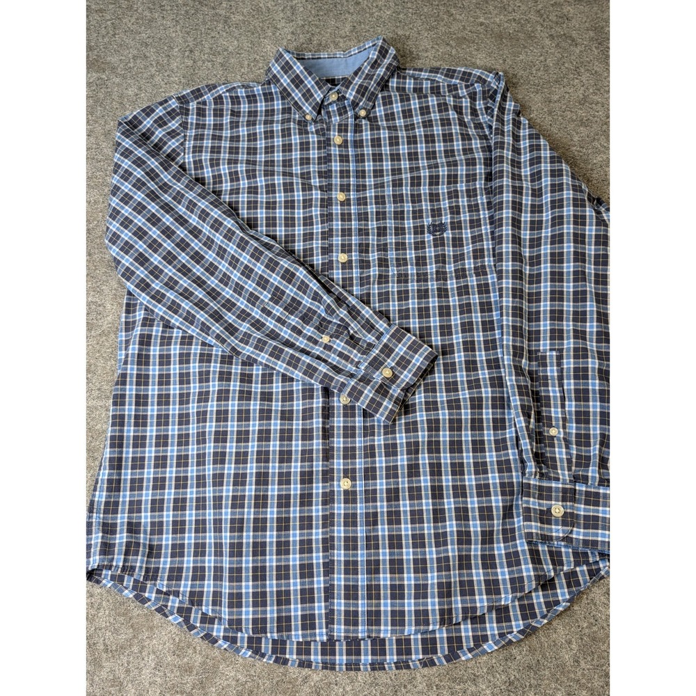 Chaps Mens Medium Easy Care Button Down Shirt Blue Plaid Long Sleeve EUC